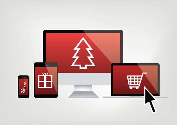 Computer, phone, laptop screens with christmas shopping icons an — Stockový vektor