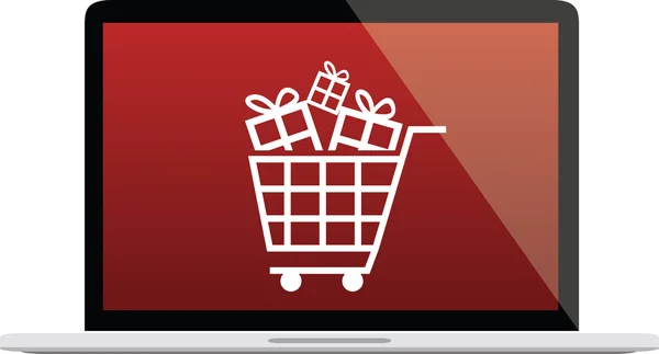 Přenosný počítač obrázek s červenou obrazovkou, nákupní ikonu košík a dárek — Stockový vektor