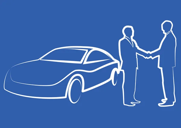 Dois empresários apertando as mãos na frente de um carro - ilustração  , —  Vetores de Stock