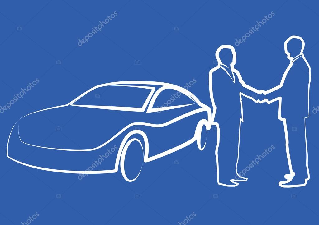 Two businessmen shaking hands in front of a car - illustration , vector