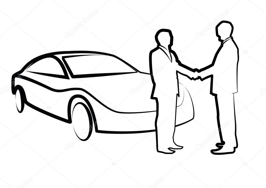 Two businessmen shaking hands in front of a car - illustration , vector