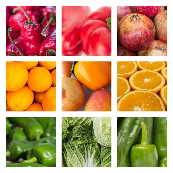 Conceito de comida - colagem de várias frutas e verduras — Fotografia de Stock