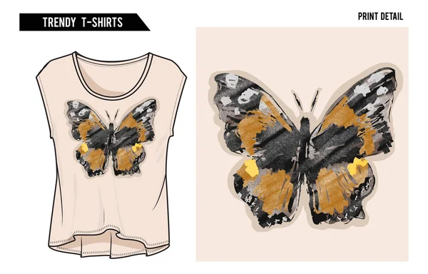 Impressão borboleta na t-shirt — Vetor de Stock