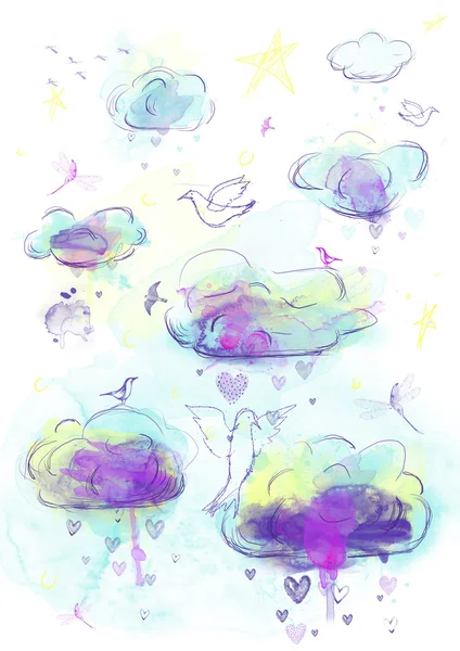 수채화 구름과 새 — 스톡 사진