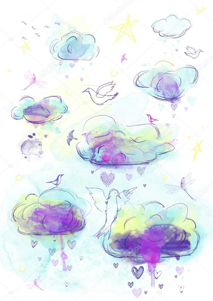 Watercolor clouds and birds