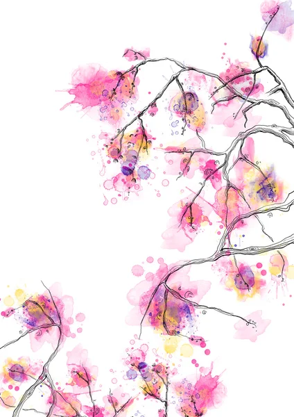Niedliche, farbenfrohe, aquarellierte Blüten auf Zweigen — Stockfoto