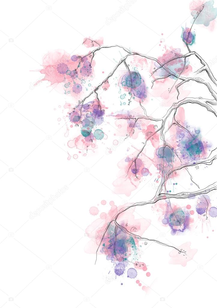 Cute, colorful, watercolor flowers on branches