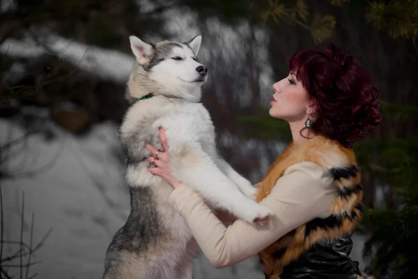 Bella donna con un husky cani — Foto Stock