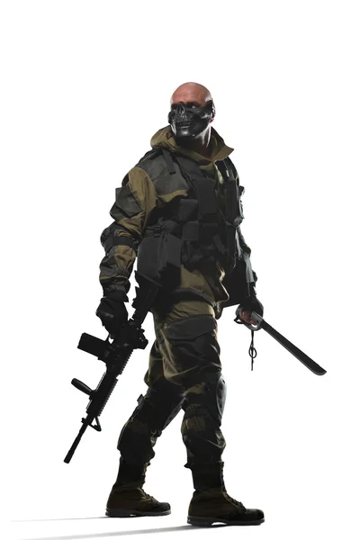 Asker adam tutun makineli tüfek üzerinde beyaz bir arka plan