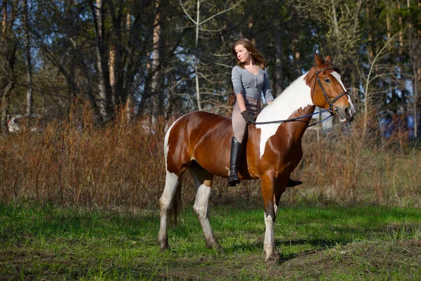 Flicka idrottskvinna och hennes häst våren — Stockfoto