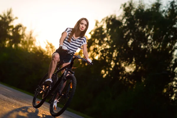 Chica en una bicicleta al atardecer — Foto de Stock