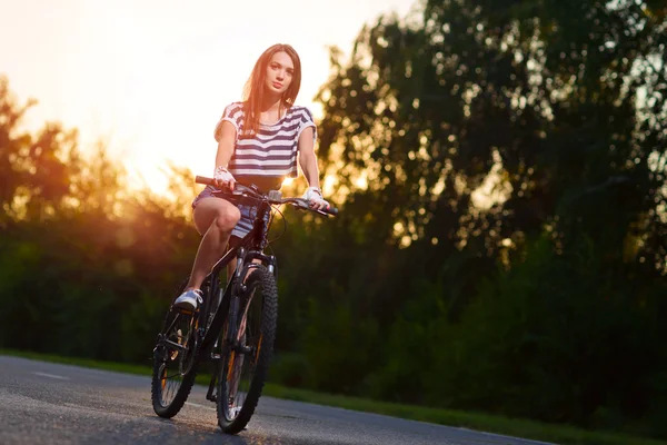Girl on a bicycle at sunset — Stock Photo, Image