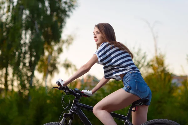 Girl on a bicycle at sunset — Stock Photo, Image