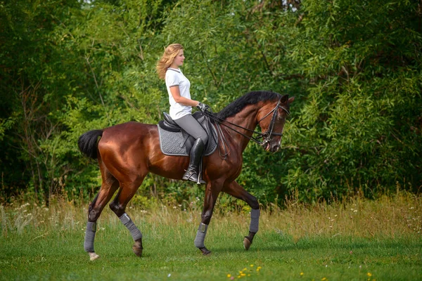 Uma Menina Cavaleira Treina Montando Cavalo Dia Primavera — Fotografia de Stock