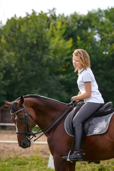 Una Chica Jinete Entrena Montando Caballo Día Primavera — Foto de Stock