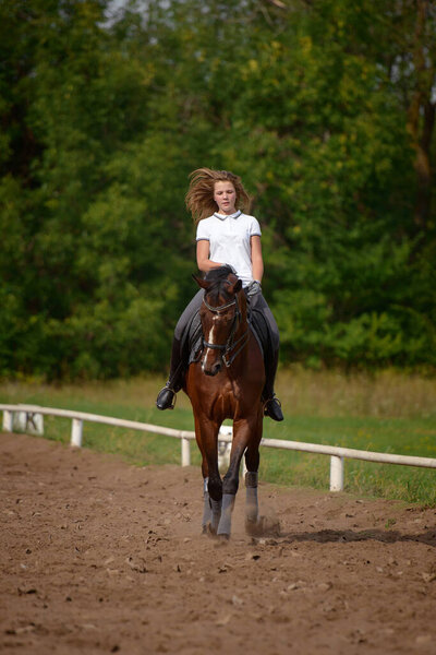 Девушка-всадница тренируется верхом на лошади в весенний день.