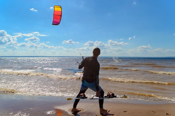 Kiteboarding Kite Surfer Rides Waves Middle Aged Man Enjoys Riding — Stock Photo, Image