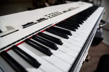 Sentezleyicinin klavyesi yakın planda alındı.