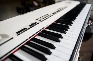 Sentezleyicinin klavyesi yakın planda alındı.