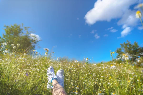 Voeten Van Reiziger Sneakers Een Zonnige Weide Eerste Persoon Bekijken — Stockfoto