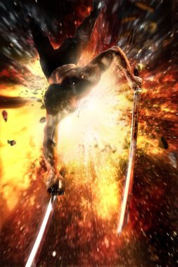 elinde uçan ninja katana bir patlama uzak atlar