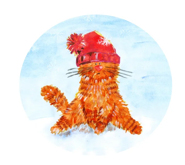 Hand getekend aquarel gember kat in rode hoed op de sneeuw. Raster illustratie. — Stockfoto