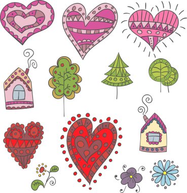 Doodle Kalpler, ağaçlar, toplama tasarım için ev sahipliği yapmaktadır. Vektör çizim