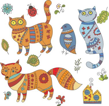 Vektör animalls, yaprak ve çiçek tasarım koleksiyonu