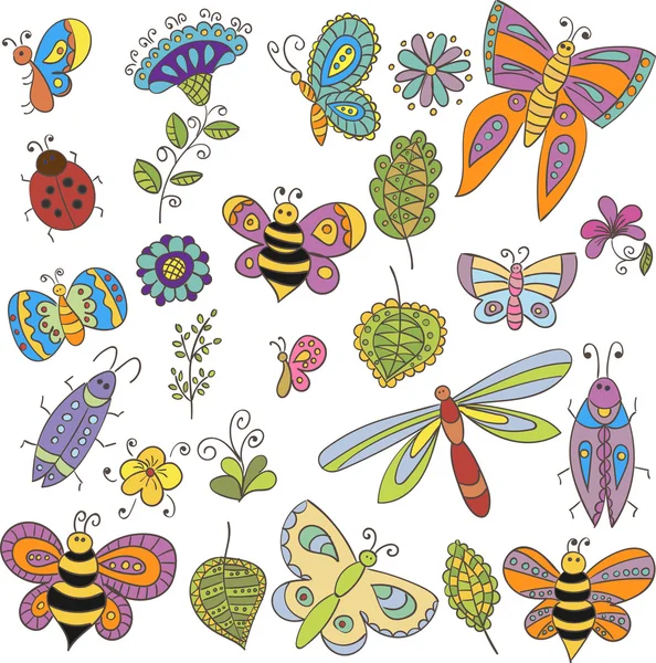 Colección de insectos vectoriales, mariposas, hojas y flores para el diseño — Vector de stock