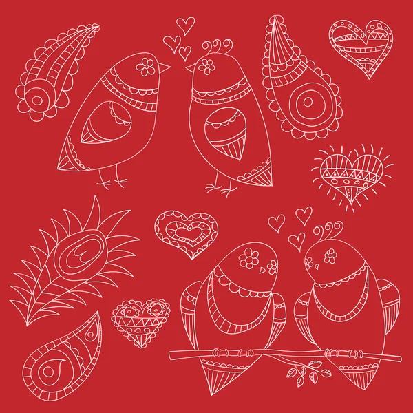 Kissing birds, feathers and hearts for design — Stock Vector