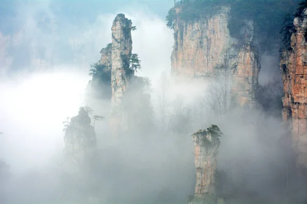 Parque Nacional Zhangjiejie Pico Pedra Névoa Nevoeiro Foco Suave Efeito — Fotografia de Stock
