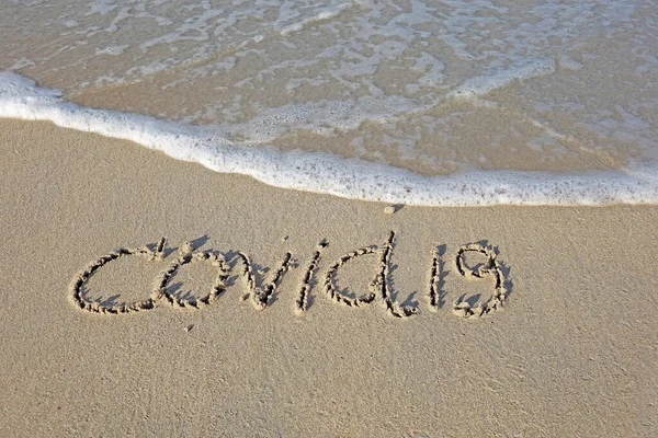 Plage Sable Messages Covid Écrit Dans Sable Sur Plage Avec — Photo