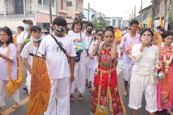 Phuket Таїланд Жовтня 2018 Парад Вегетаріанського Фестивалю Показує Девоте Особу — стокове фото