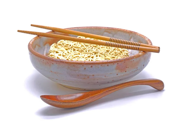 Uncooked Instant Noodle Japanese Antique Style Bowl Wooden Chopsticks Spoon — Stock Photo, Image