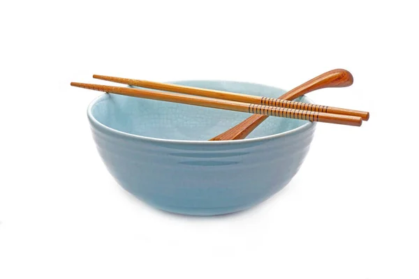 Kitchenware Empty Ceramic Bowl Wooden Chopsticks Spoon Isolated White Background — Φωτογραφία Αρχείου