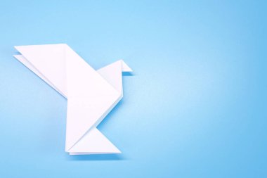 Mavi arka planda uçan güvercin. Barışçıl bir sembol olan COVID-19 kampanyasına karşı yardım fotoğrafı konsepti