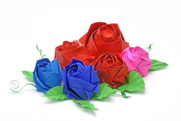 Colorful Origami Roses Green Leaves Isolated White Background Valentine Day — Stock Photo, Image