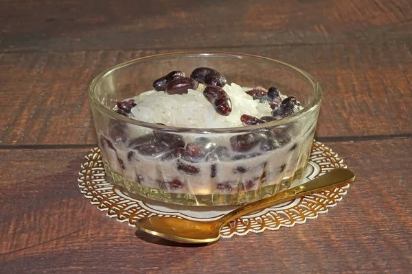 Arroz Pegajoso Con Frijoles Negros Leche Coco Postre Tailandés Enfoque —  Fotos de Stock