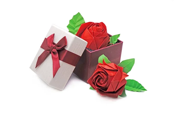 Valentines Gift Origami Red Rose Gift Box Isolated White Background — Stock Photo, Image