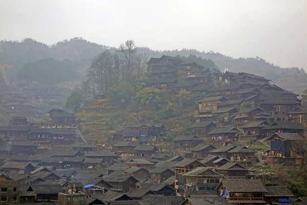 Beautiful Scenery Ancient Village Qian Miao Zai Village Morning Mist — Stock Photo, Image