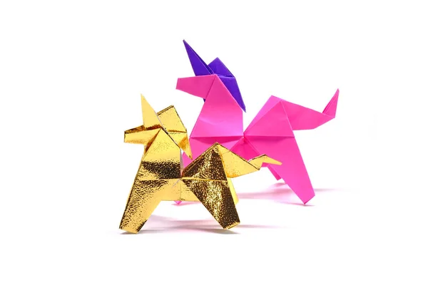 Enhörning Rosa Och Guld Enhörning Origami Papperskonst Isolerad Vit Bakgrund — Stockfoto