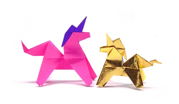 Unicornio Arte Papel Origami Unicornio Rosa Dorado Aislado Sobre Fondo — Foto de Stock