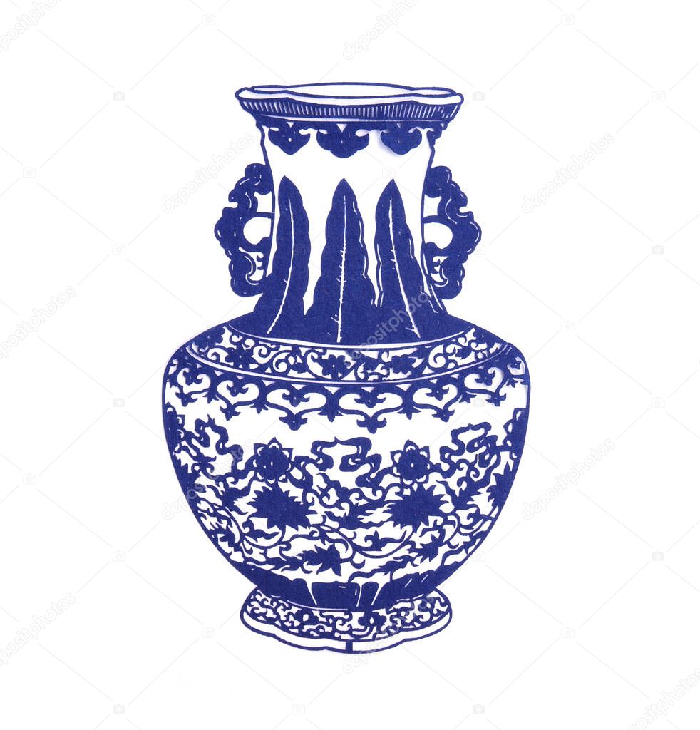 Chinese Vase paper carving on white background