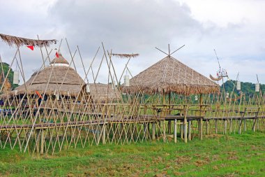 Yazın pirinç tarlasında ahşap köprü ve saman kulübesi