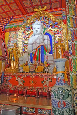 Moğolistan Tapınağı 'ndaki Beyaz Buda heykeli. Seçici odak.