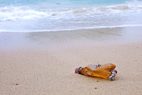 Contaminación Contaminación Las Playas Marinas Botella Plástico Playa Enfoque Selectivo —  Fotos de Stock
