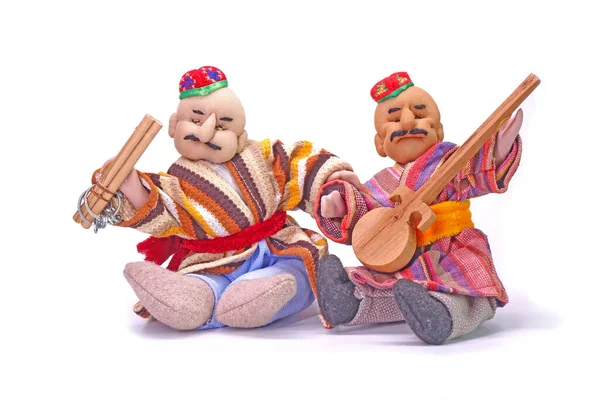 Traditionell Uyghur Docka Gammal Musiker Spelar Musikinstrument Isolerad Vit Bakgrund — Stockfoto