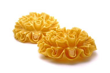 Thai food / Thai snacks: Crispy lotus flower (or Knanom Dok Jog) isolated on white background. One of most famous Thai snack, beautiful street foods.