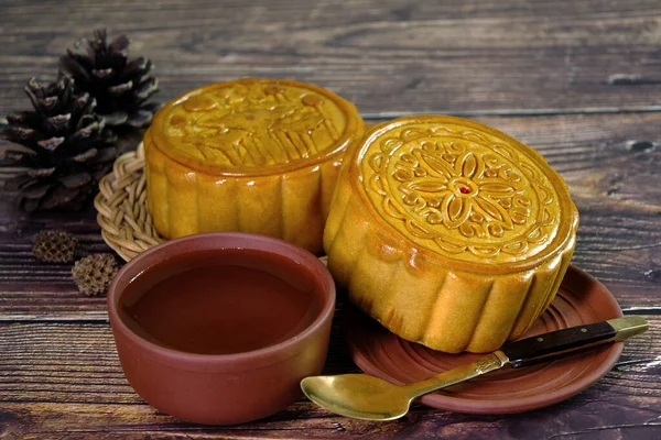 Moon cake for Mid autumn festival , Retro vintage style of Chinese traditional food and dessert. (Moon cake is call 