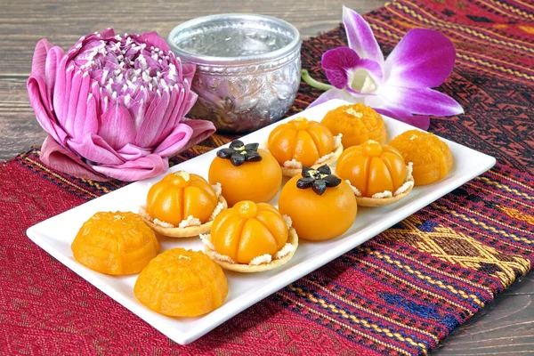 Royal Thai Cuisine Three Mixed Golden Thai Sweetmeat Jan Thong — Stock Photo, Image